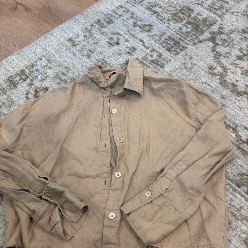 100% Linen Zara Beige Button Down Crop Shirt